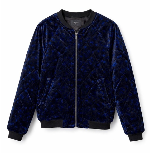 FRNCH Paris Luisa Blue Velvet Quilted Bomber Jacket Size M - Picture 2 of 11